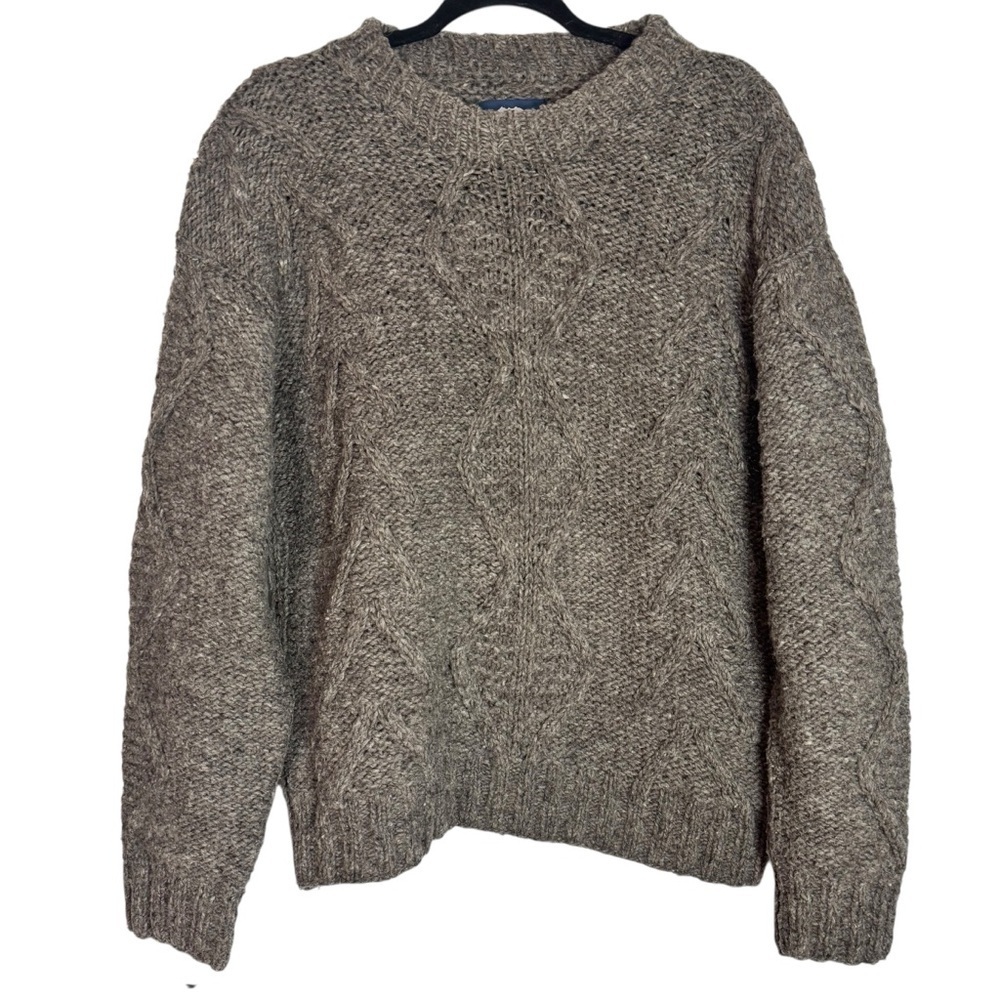 Ray Wear Men's 100% Wool Gray Brown Cable Knit Crewneck Large Sweater